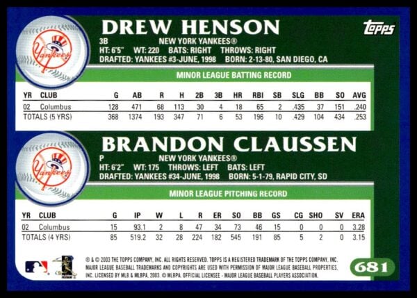 2003 Topps Drew Henson / Brandon Claussen #681 (Back)