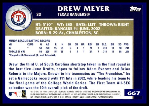 2003 Topps Drew Meyer #667 (Back)