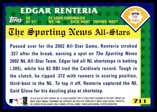 2003 Topps Edgar Renteria #711 (Back)