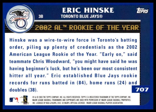 2003 Topps Eric Hinske #707 (Back)