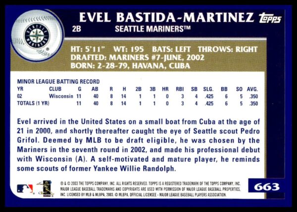 2003 Topps Evel Bastida-Martinez #663 (Back)