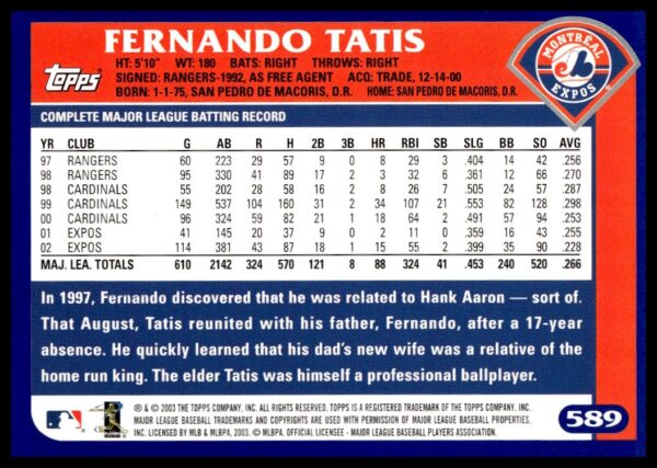 2003 Topps Fernando Tatis #589 (Back)