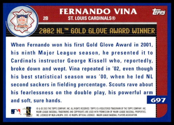 2003 Topps Fernando Vina #697 (Back)