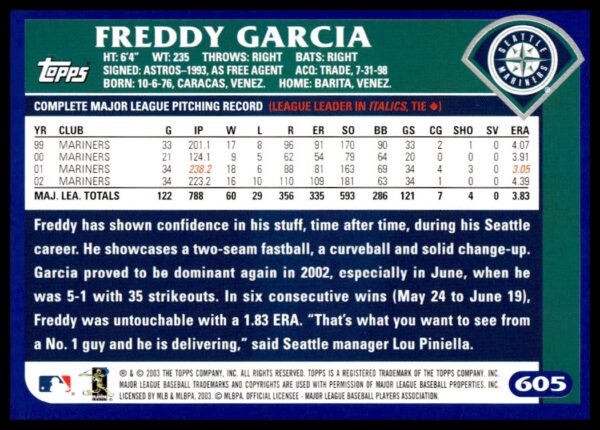 2003 Topps Freddy Garcia #605 (Back)