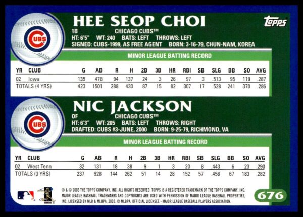 2003 Topps Hee Seop Choi / Nic Jackson #676 (Back)