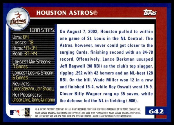 2003 Topps Houston Astros #642 (Back)