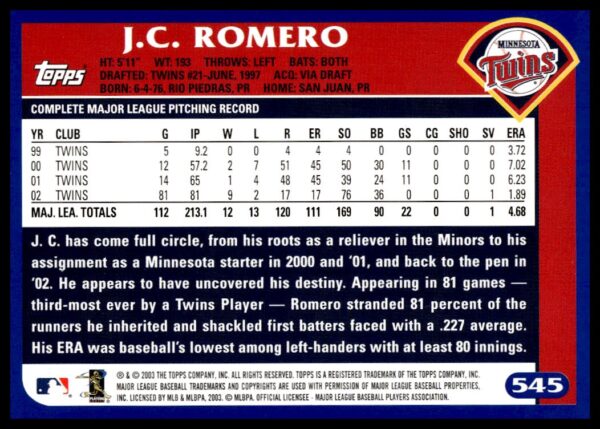 2003 Topps J.C. Romero #545 (Back)