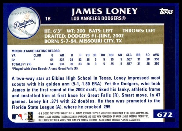 2003 Topps James Loney #672 (Back)