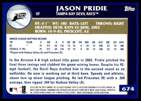 2003 Topps Jason Pridie #674 (Back)