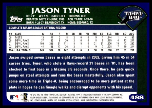 2003 Topps Jason Tyner #488 (Back)