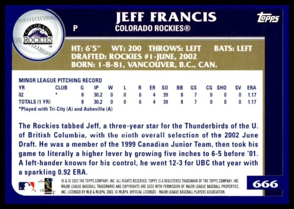 2003 Topps Jeff Francis #666 (Back)