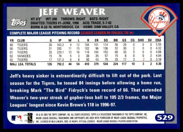 2003 Topps Jeff Weaver #529 (Back)