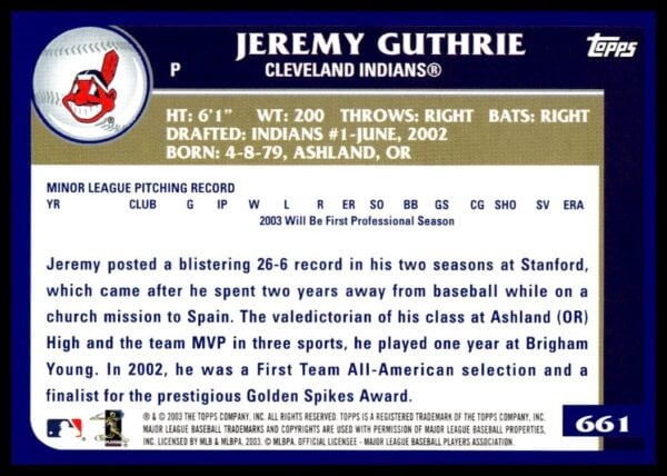 2003 Topps Jeremy Guthrie #661 (Back)