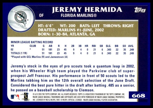 2003 Topps Jeremy Hermida #668 (Back)