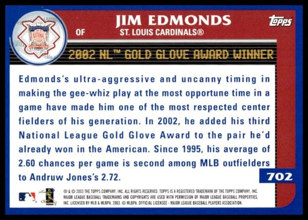 2003 Topps Jim Edmonds #702 (Back)