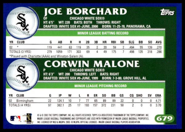 2003 Topps Joe Borchard / Corwin Malone #679 (Back)