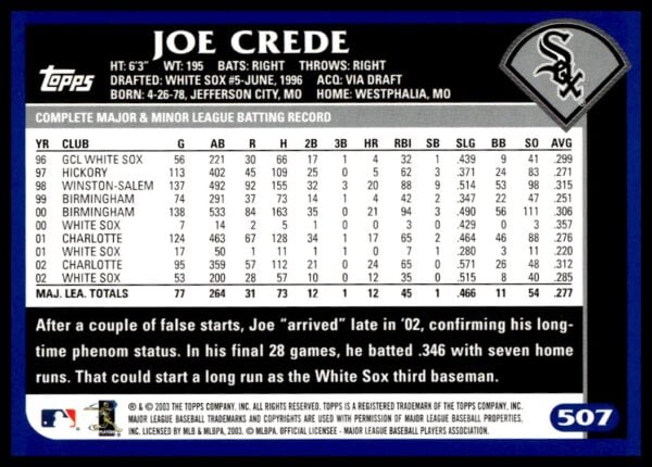 2003 Topps Joe Crede #507 (Back)