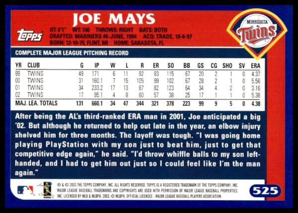 2003 Topps Joe Mays #525 (Back)