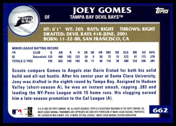 2003 Topps Joey Gomes #662 (Back)