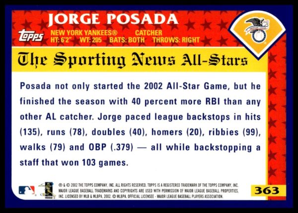 2003 Topps Jorge Posada #363 (Back)