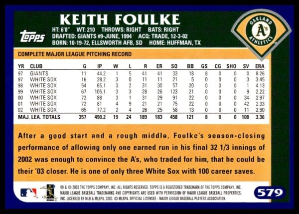 2003 Topps Keith Foulke #388 (Back)