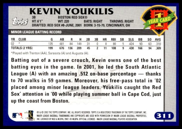 2003 Topps Kevin Youkilis #311 (Back)