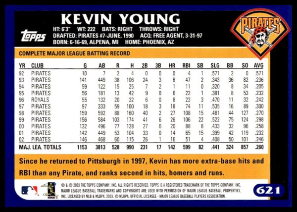 2003 Topps Kevin Young #621 (Back)