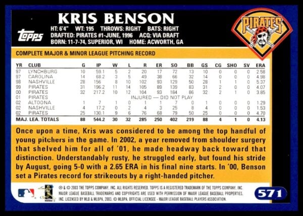 2003 Topps Kris Benson #571 (Back)