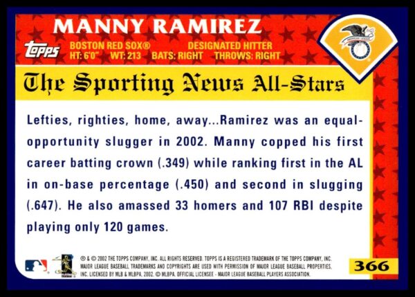 2003 Topps Manny Ramirez #366 (Back)