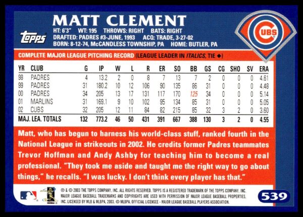 2003 Topps Matt Clement #539 (Back)