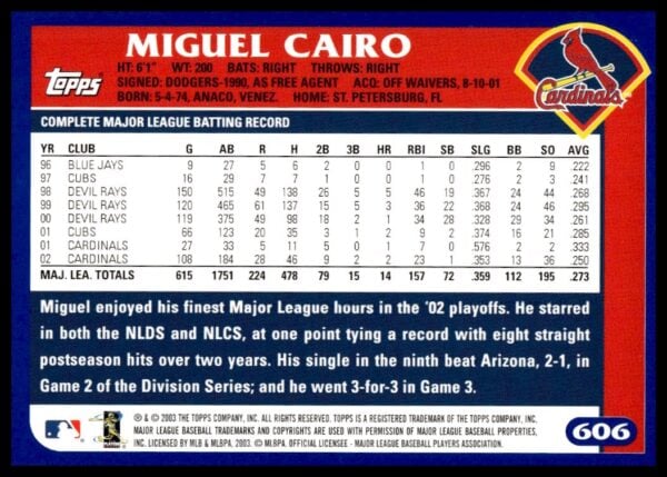 2003 Topps Miguel Cairo #606 (Back)