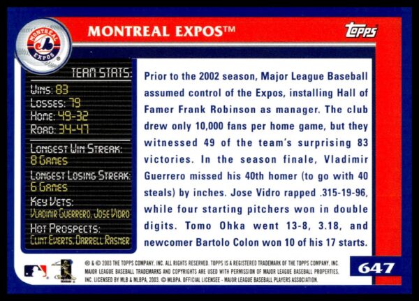 2003 Topps Montreal Expos #647 (Back)