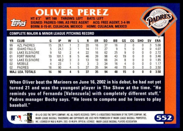 2003 Topps Oliver Perez #552 (Back)