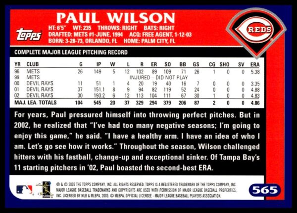 2003 Topps Paul Wilson #565 (Back)