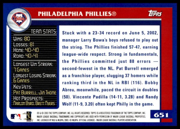 2003 Topps Philadelphia Phillies #651 (Back)