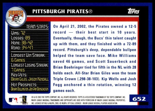 2003 Topps Pittsburgh Pirates #652 (Back)