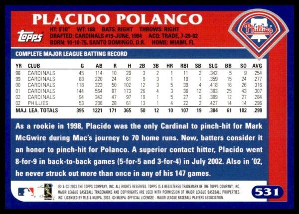 2003 Topps Placido Polanco #531 (Back)