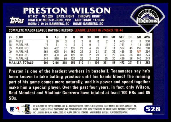 2003 Topps Preston Wilson #528 (Back)