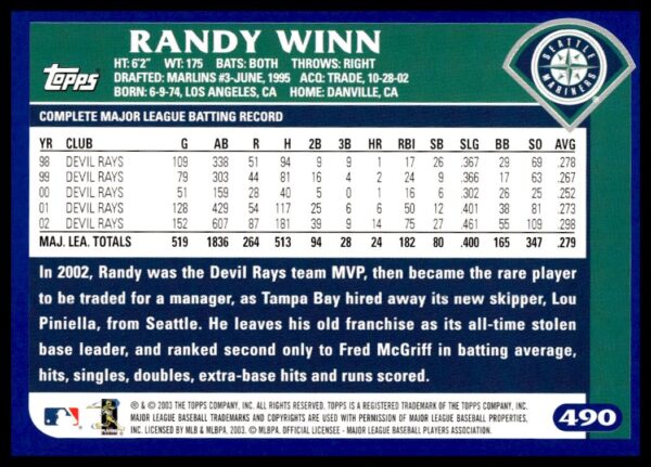 2003 Topps Randy Winn #490 (Back)