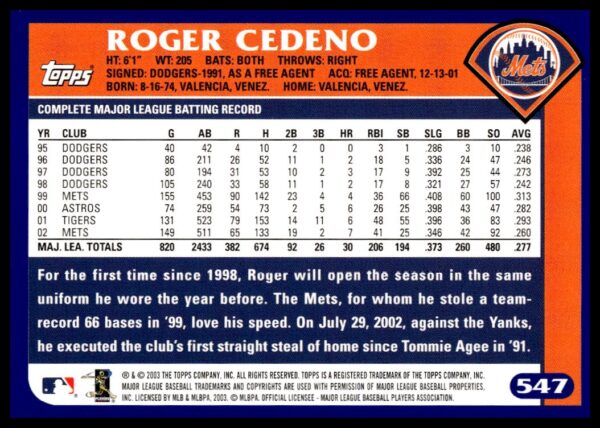 2003 Topps Roger Cedeno #547 (Back)