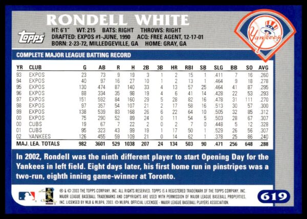 2003 Topps Rondell White #619 (Back)