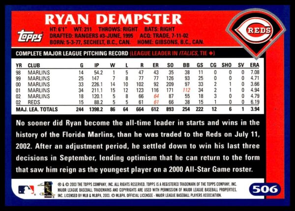 2003 Topps Ryan Dempster #506 (Back)