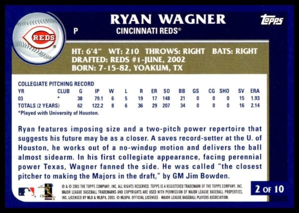 2003 Topps Ryan Wagner #2b (Back)