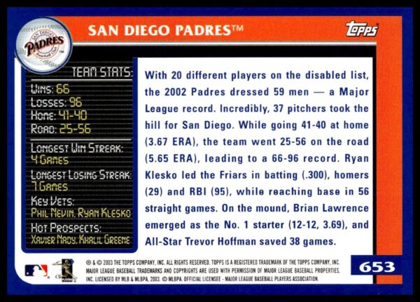 2003 Topps San Diego Padres #653 (Back)