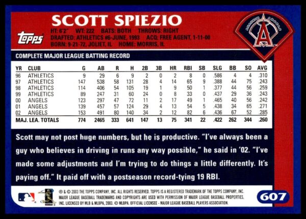 2003 Topps Scott Spiezio #607 (Back)