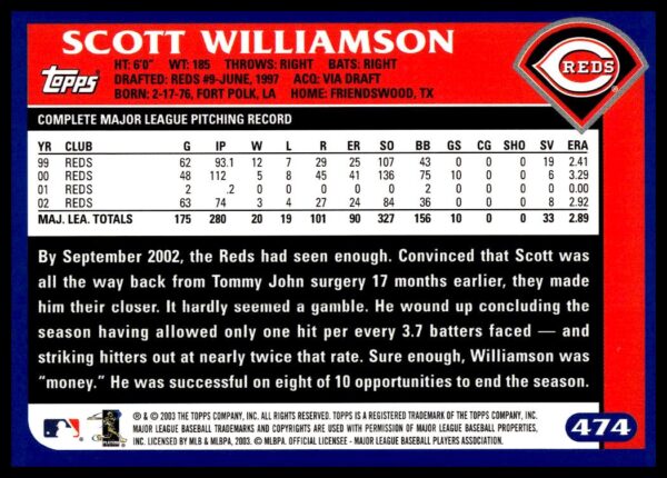 2003 Topps Scott Williamson #474 (Back)