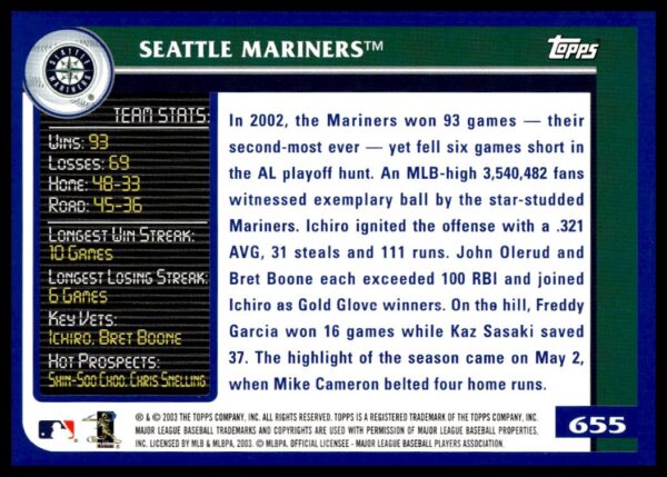 2003 Topps Seattle Mariners #655 (Back)