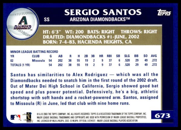 2003 Topps Sergio Santos #673 (Back)