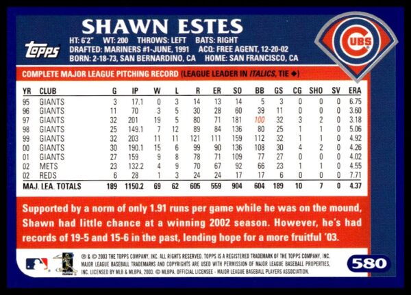 2003 Topps Shawn Estes #580 (Back)