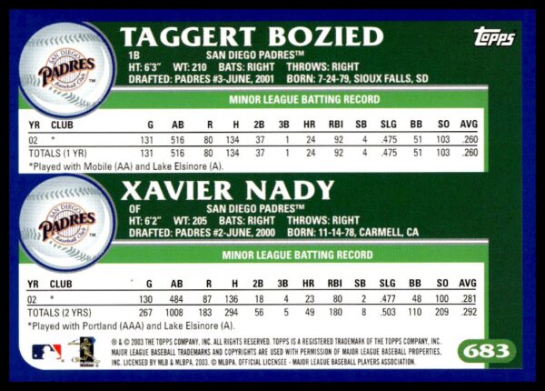 2003 Topps Taggert Bozied / Xavier Nady #683 (Back)